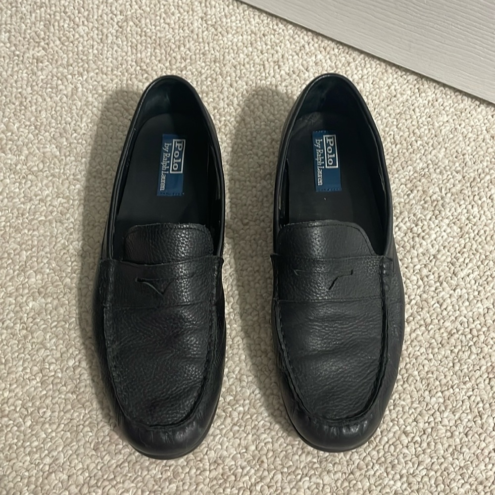 Men’s Polo Black Leather Loafers with rubber traction soles size 12